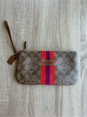 Coach Brown Signature Wristlet Wallet with Red and Purple Center Stripe